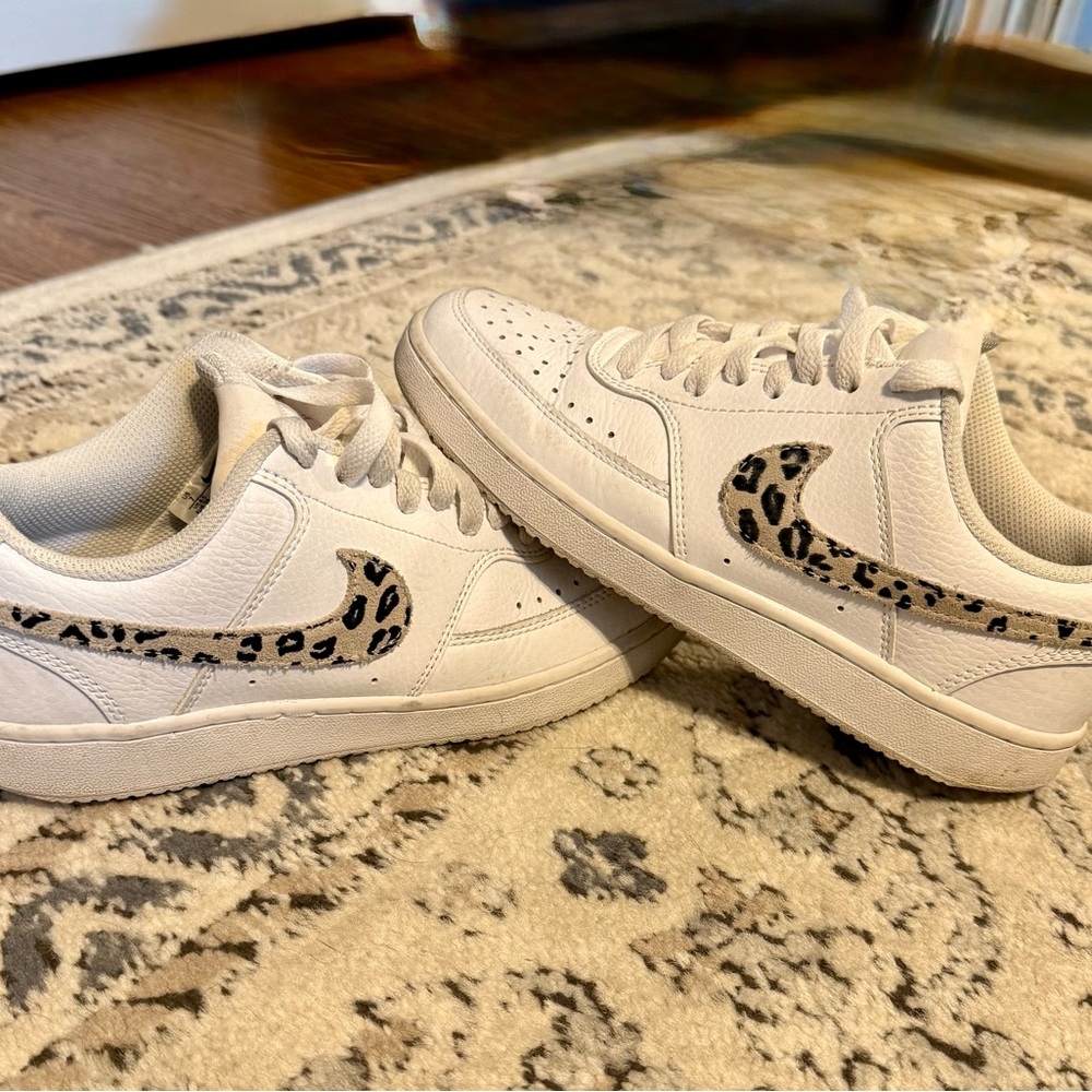 Nike White Sneakers with Leopard Swoosh